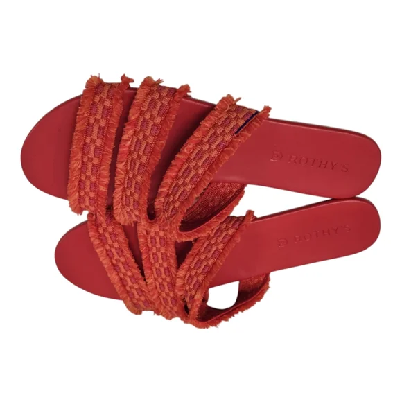 Rothy's 'Triple Band Bright Red' Fringe Slip On Sandals SZ 9